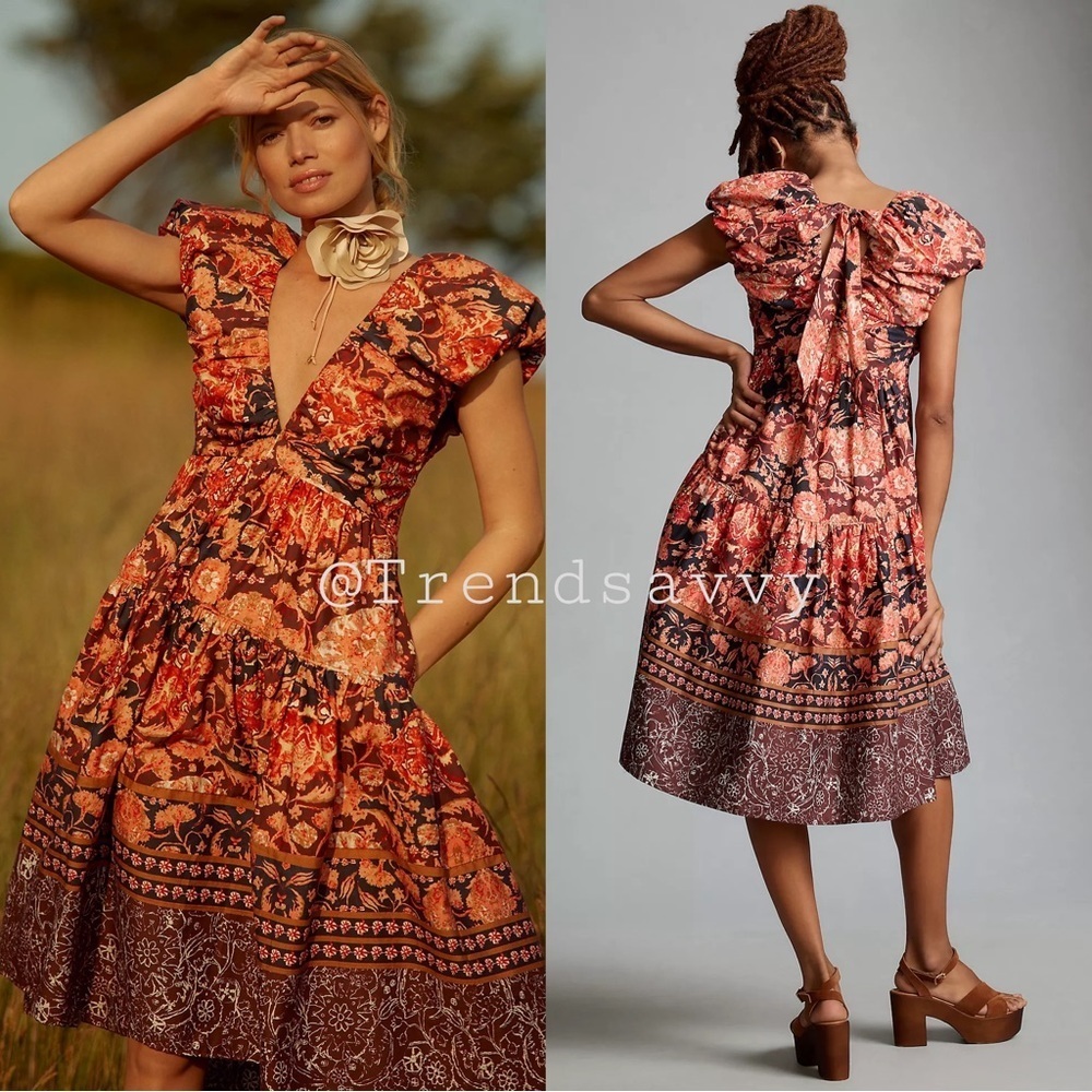 Anthropologie Floral Cotton Midi Dress V Neck Tiered Pockets Babydoll Dress
